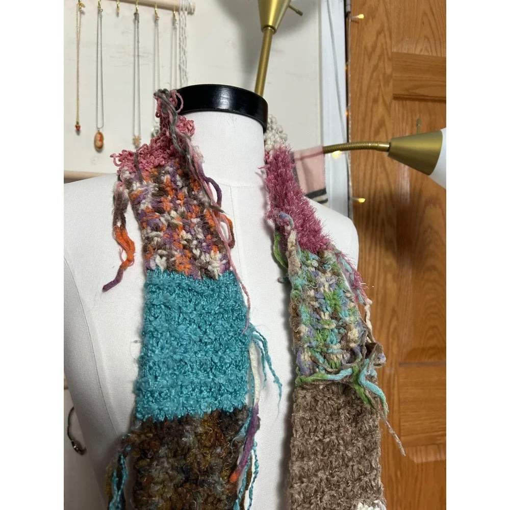 Y2K Mudd‎ Womens Chunky Knit Patchwork Scarf Multi Color Boho Fringed Texture